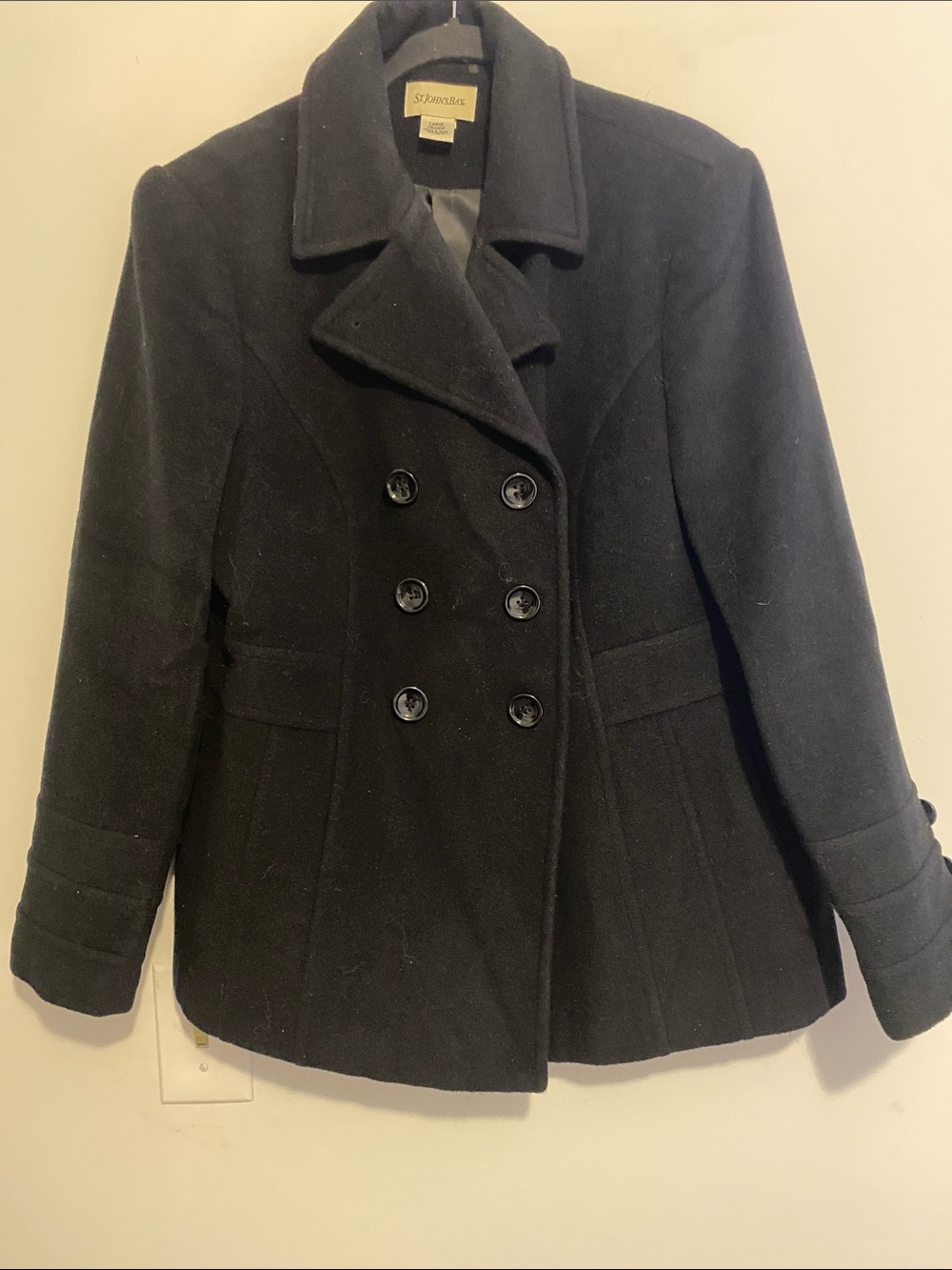 St. John's Bay Black Double-Breasted Peacoat, wool blend. No damage